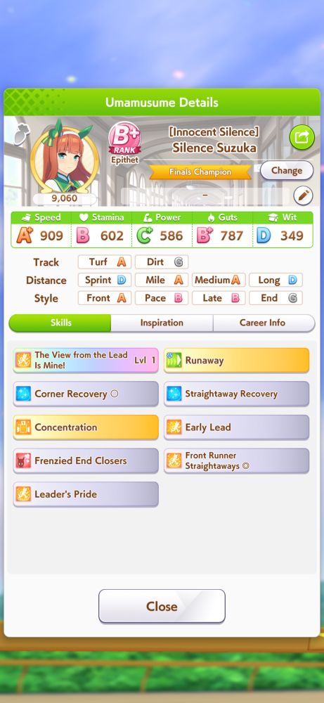A final stat layout of my first Uma career since the meta change, a portrait of silence Suzuka is at the top left and indicates she has a medium B+ rank. Followed by her stats and skills below 