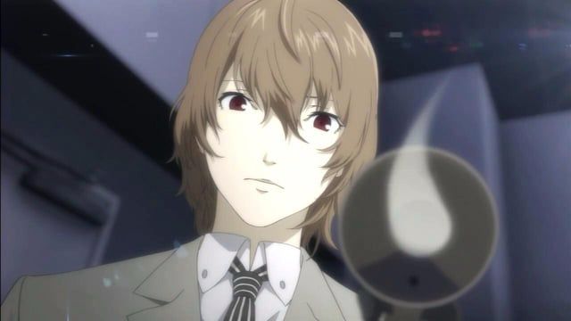 Cutscene from persona 5 of Akechi looking down towards the camera with the barrel of a smoking gun pointed towards the camera 