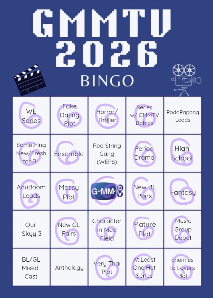 Chole's marked bingo card for GMMTV2026

the spaces left to right (✨ after = marked):

1st row: WE Series (✨), Fake Dating Plot (✨), Horror/Thriller (✨), Series w/ GMMTV Babies (✨), PoddPapang Leads

2nd row: Something New/Fresh for BL (✨), Ensemble (✨), Red String Game (WEPS), Period Drama (✨), High School (✨)

3rd row: AouBoom Leads (✨), Messy Plot (✨), Free Space (✨), New BL Pairs (✨), Fantasy (✨)

4th row: Our Skyy3, New GL Pairs (✨), Character in Med Field (✨), Mature Plot (✨), Music Group Debut (✨)

5th row: BL/GL Mixed Cast, Anthology, Very Thai Plot (✨), At Least One Het Series (✨), Enemies to Lovers Plot (✨)