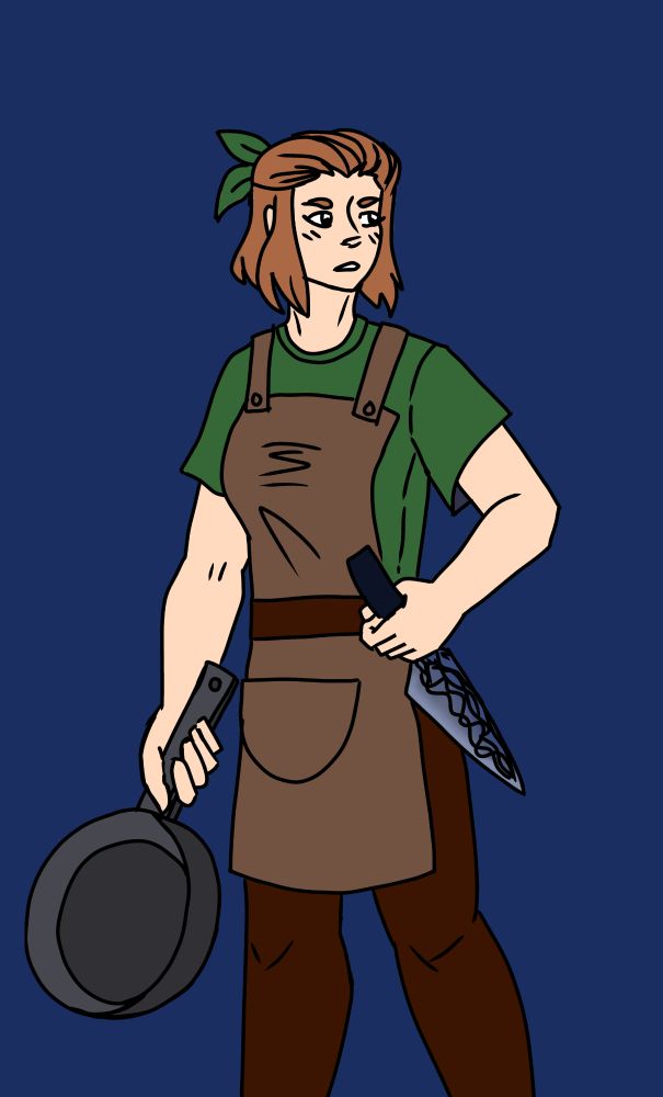 A young woman stands against a dark blue background. Her hair is cut into a short bob, half tied back with a green ribbon, and falls around her ears. She's fair skinned, wearing a green T-shirt and dark brown pants. Over her outfit, she wears an apron with a belt cinching it in. In her left hand, she holds a knife with an intricate blade pattern. In her right hand, she holds a frying pan. Her expression is resolved, and she looks to her left, focused on some offscreen goal.
