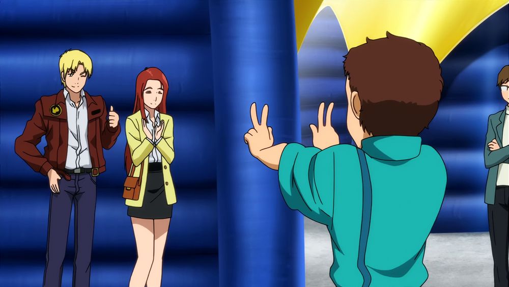 Screenshot from an episode of Gundam Build Fighters showing Bernie, Chris, and Al hanging out together in episode 23 of Gundam Build Fighters. There are a billion of these cameos in that episode (and others but mostly that one) and there's a popular fan theory/joke that Build Fighters is Gundam Valhalla because of it.