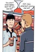 Panel from "Life Sucks" by Jessica Abel, Gabe Soria, and Warren Pleece. Vampire and Convenience store employee Dave Miller (left) is trying to assure acquaintance and also vampire Jerome (right) of the hotness of a goth girl he's been seeing in the store (cue an entire pack of goth girls entering the store.) 
Life Sucks is currently available from Fantagraphics.