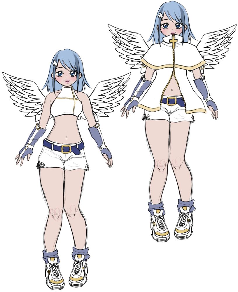 Art: An angel winged girl with pale blue hair with a wing shaped clip on her right side. Her eyes are also blue. She's wearing a white cropped halter with a yellow offset cross design, white shorts with a dark blue belt, grayish-blue arm warmers, socks, and white sneakers.

To the right of her is an alternate version with a high necked jacket that is half unzipped from the bottom, exposing her tummy.