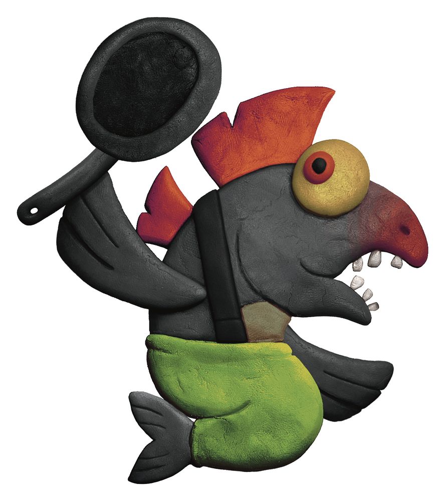 A Chum Salmonid from Splatoon made out of clay, holding up a frying pan with a smile on its face. 