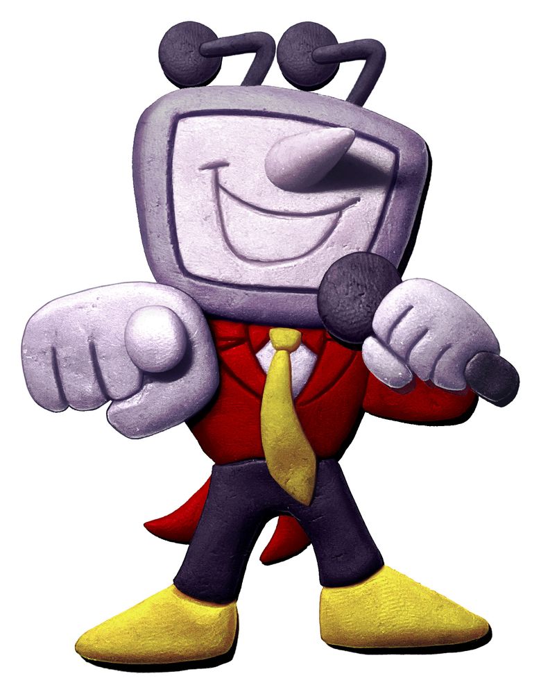 Tenna from Deltarune pointing at the viewer, with a microphone in his other hand. He is also made out of clay, but his nose appears more 3D than the rest of him