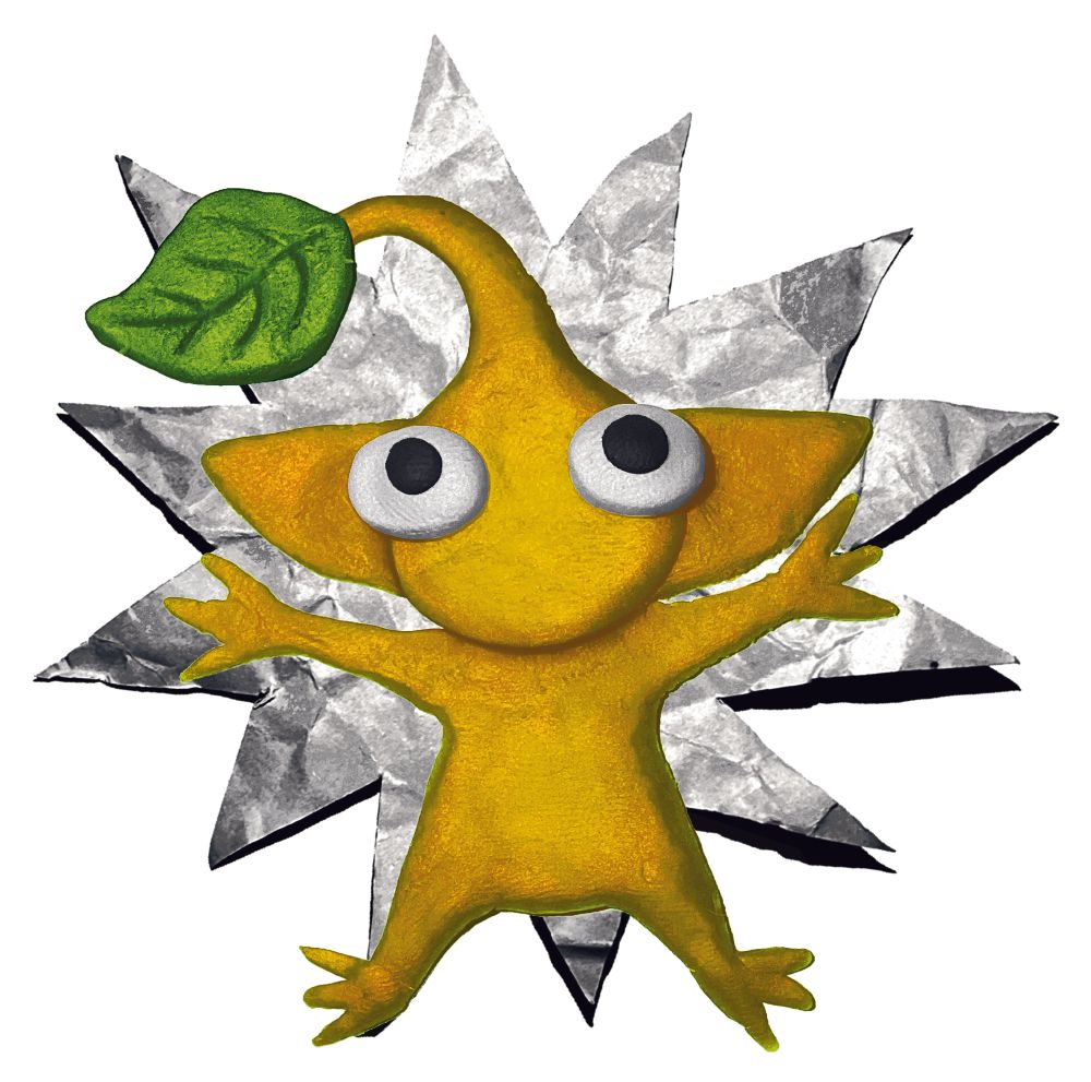 A yellow Pikmin made out of clay standing with its arms wide and a white flash behind it mimicking lightning.
