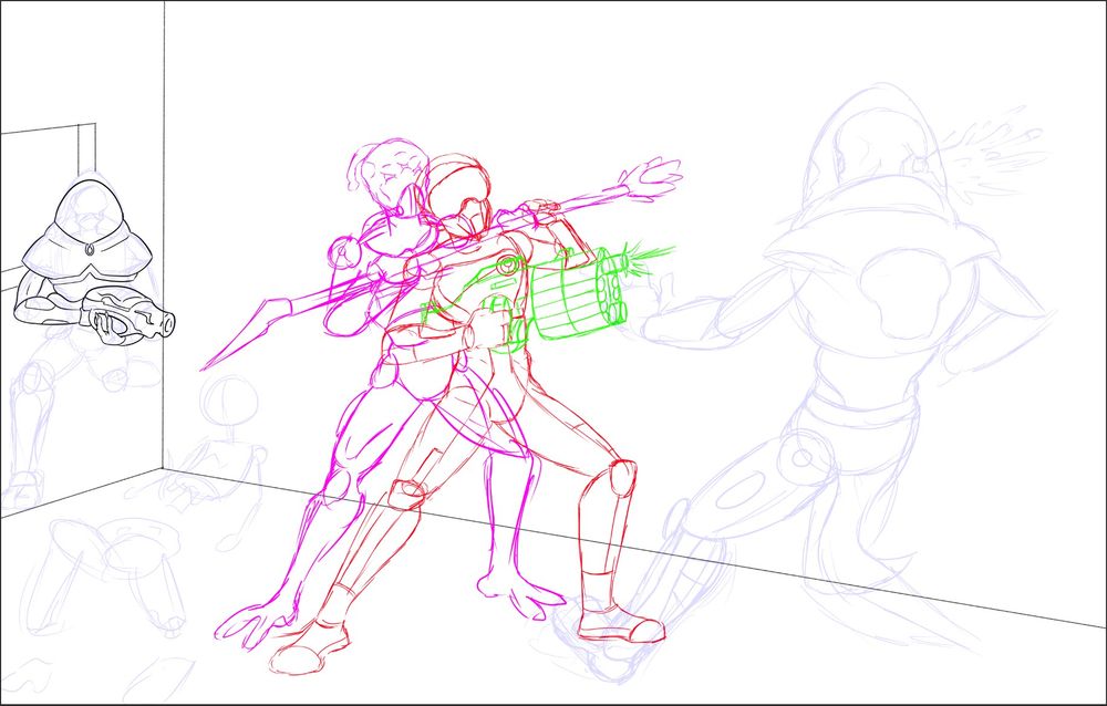 The security officer is flanked on both sides by Pfhor soldiers and is being held back by another while he fights his way through the mission "Couch Surfing".