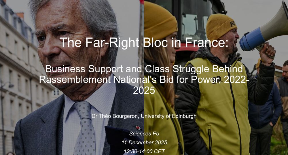 Pictures of Vincent Bolloré and Coordination rurale lobbyists, with the title of the paper ("The Far-Right Bloc in France") and the date and time (11 December, 12:30-14:00 CET).