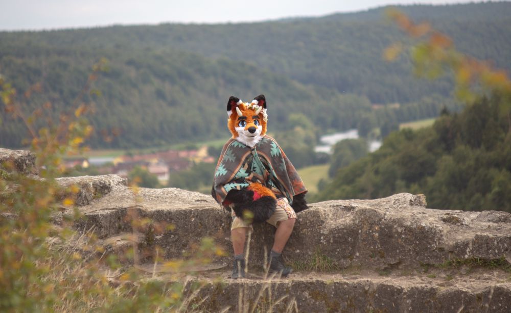 A person wearing a fox-inspired fursuit head with dragon elements (a Drox) is sitting on large stone blocks outdoors. The fursuit head is orange with black and white details, and decorated with a flower crown, giving it a soft, playful touch. The person is also wearing a patterned poncho with earthy tones and shorts, with their paws visible resting on their lap.
In the background, there’s a vast green valley with forests and hills, with a small village visible below and a river winding through the landscape. The sky is mostly cloudy, casting a calm, slightly dreamy atmosphere.
Overall, the image feels peaceful, natural, and a bit whimsical — like a character pausing on a hike to enjoy the view.