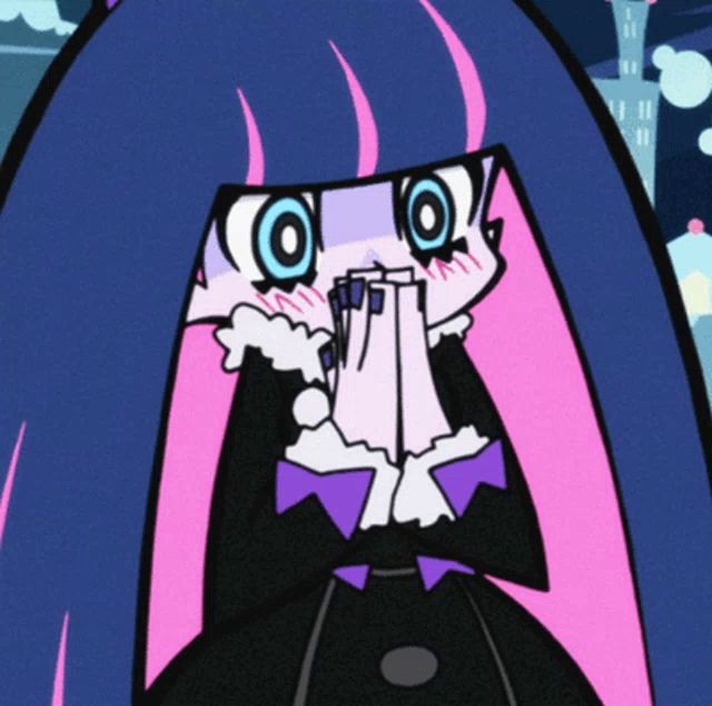 a cartoon character with purple and pink hair and a black dress