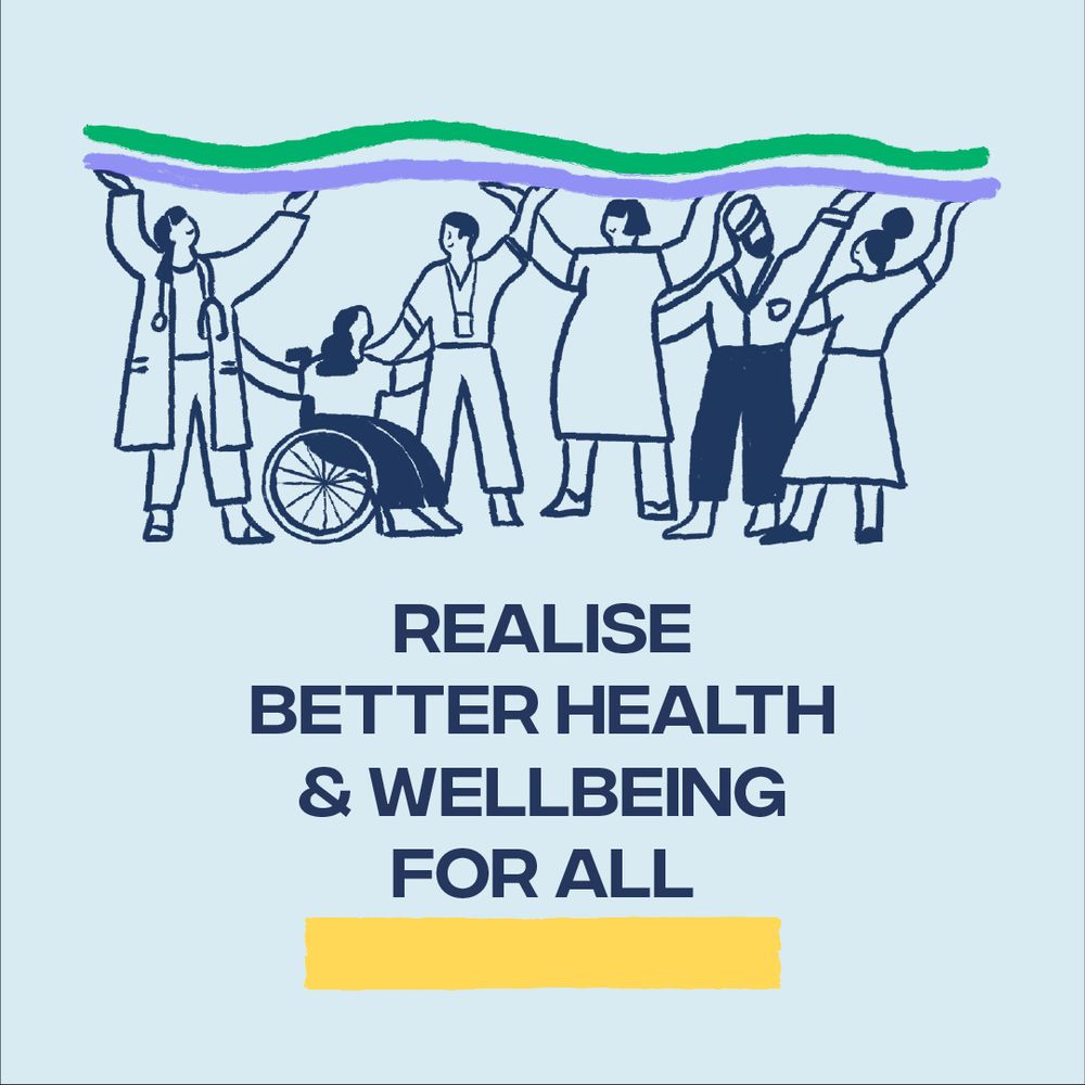 An illustration of a group of people holding up wavy green and purple lines – representing health pathways/ journeys. Text reads “Realise better health and wellbeing for all” .