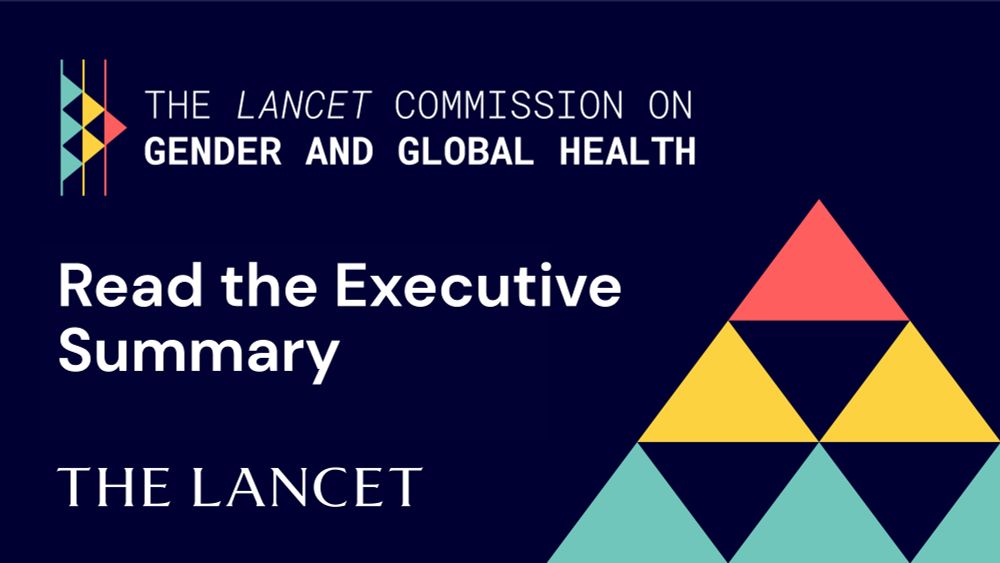 Graphic for The Lancet Commission on Gender and Global Health. The text reads: 'The Lancet Commission on Gender and Global Health – Read the Executive Summary’ with the Lancet logo below. The design includes a shape made of coloured triangles on a dark blue background in the bottom right corner.