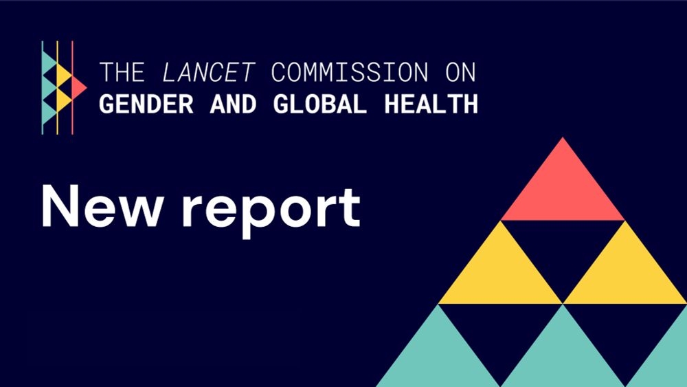 Graphic announcing The Lancet Commission on Gender and Global Health. The text reads: 'The Lancet Commission on Gender and Global Health – New report’ with the Lancet logo below. The design includes a shape made of coloured triangles on a dark blue background in the bottom right corner.