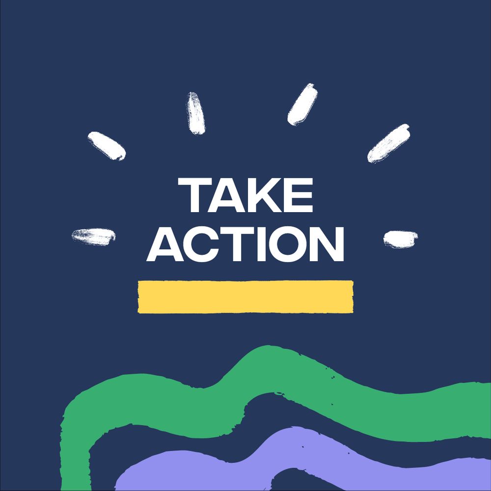 Bold text reads "Take Action" with surrounding lines and wave patterns in green and purple. 