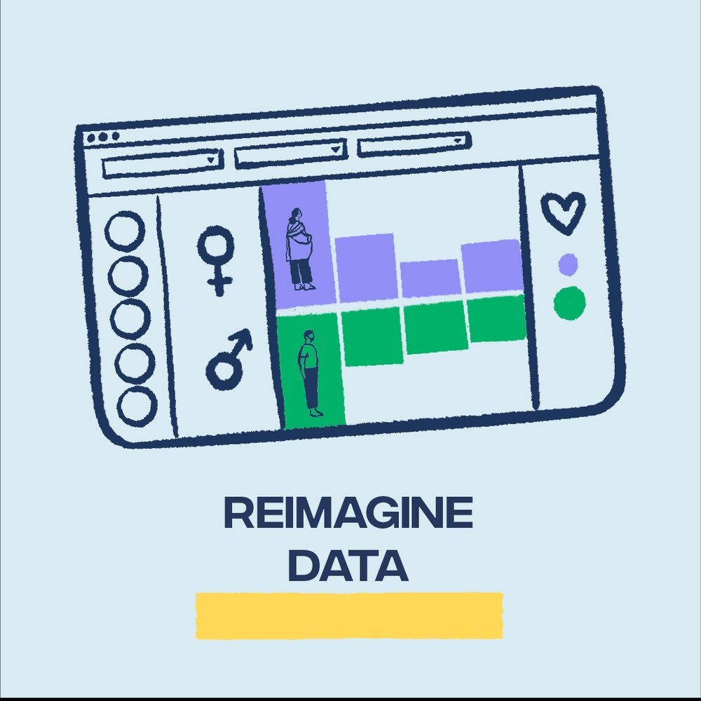 Illustration of the Gendered Health Pathways dashboard with male/female icons and bar charts, showing the health pathway for men and women. The text reads "Reimagine Data" 