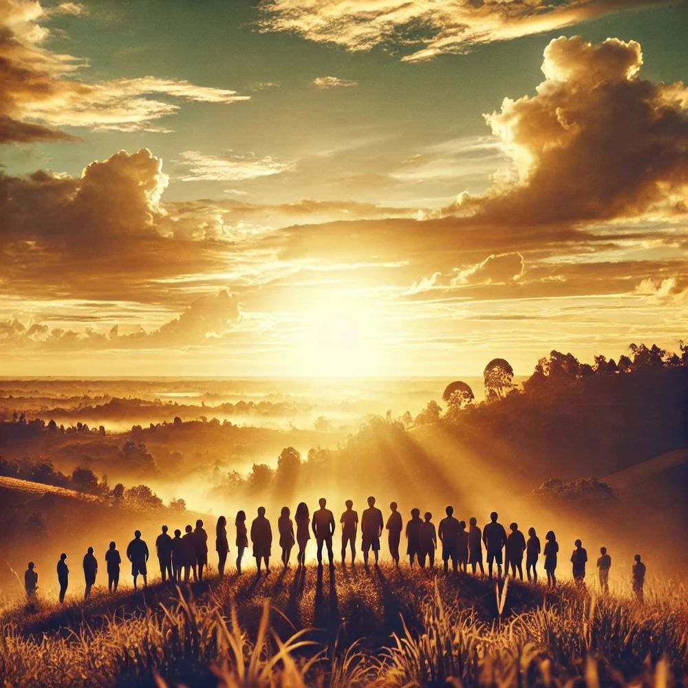 A cinematic, high-definition photograph of a diverse group of people standing together on a hilltop at sunrise. The golden light creates a warm, hopeful atmosphere, symbolising unity, collaboration, and shared purpose, with a lush green landscape and open sky in the background.