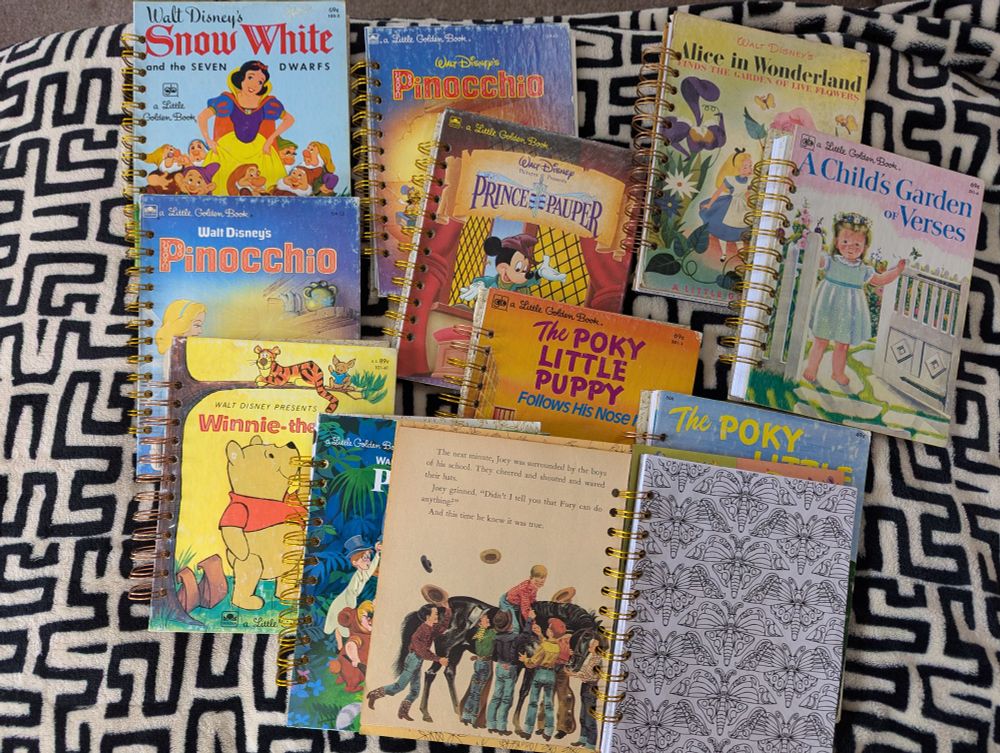 10 journals made from vintage Little Golden books. Titles include: Snow White, Pinocchio, Alice in Wonderland, and Winnie the Pooh.