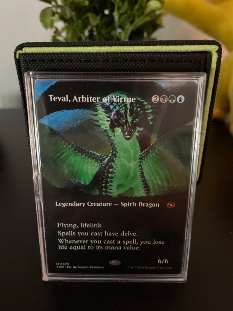 A Magic: The Gathering card named “Teval, Arbiter of Virtue” from the new Tarkir: Dragonstorm set