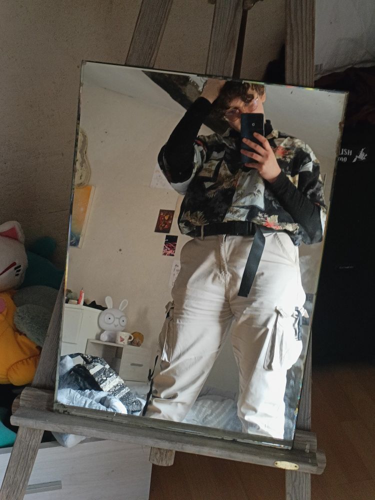 Photo de moi devant le miroir, un miroir en argent (ou mercure) de taille moyenne, posé sur un vieux chevalet en bois gris