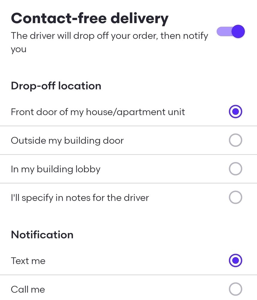 Food delivery contact options