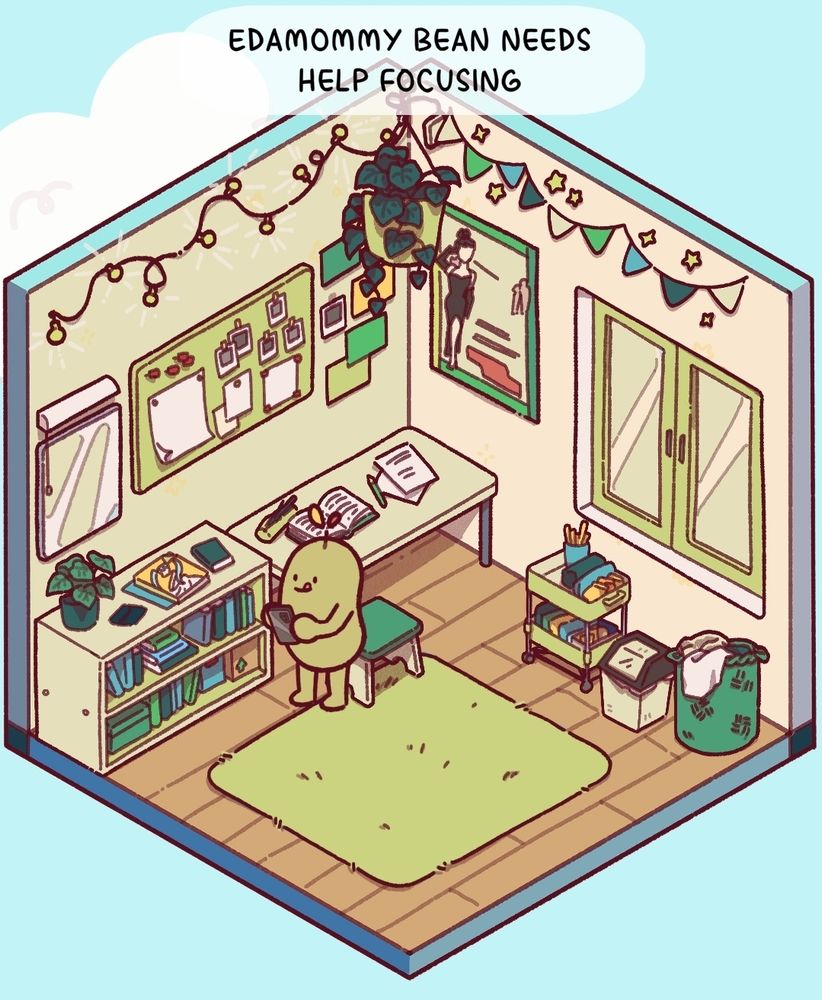 Screenshot from the Focus Friend app with an edamame bean and all basic green furnishings. 