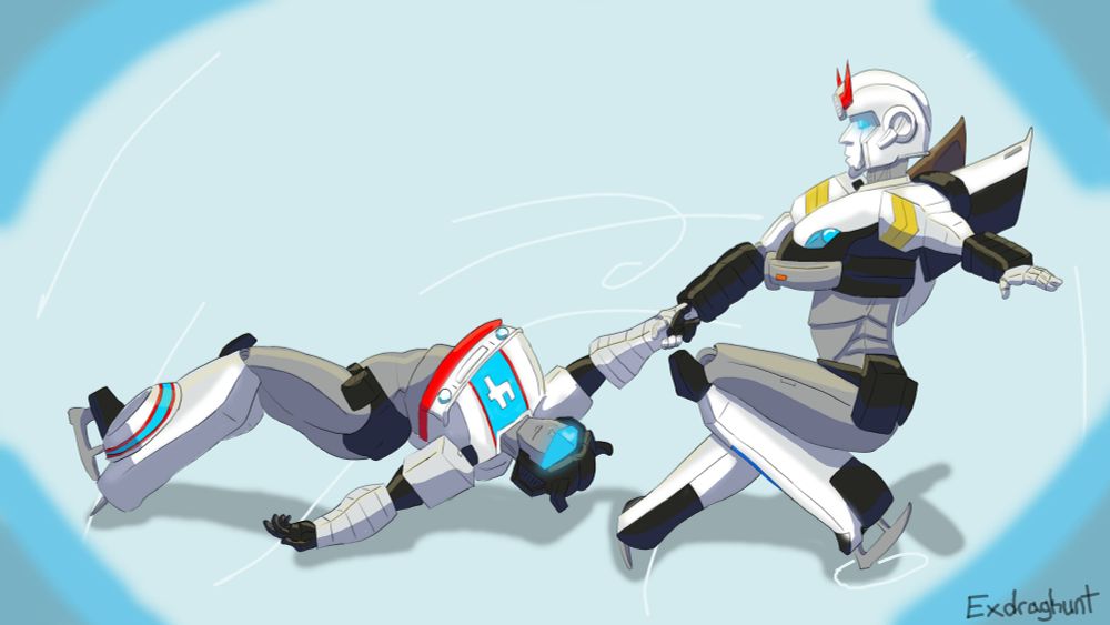 Digital illustration of Jazz and Prowl in a pairs figure skating formation known as a 'death spiral'. Jazz is parallel with the ice, with Prowl holding his hand. 