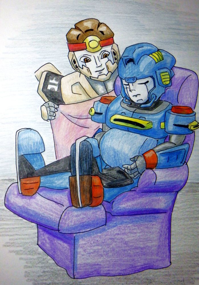 A colored pencil drawing of pregnant GZ asleep in an armchair, while Ryuuken stands behind him holding up a blanket. 