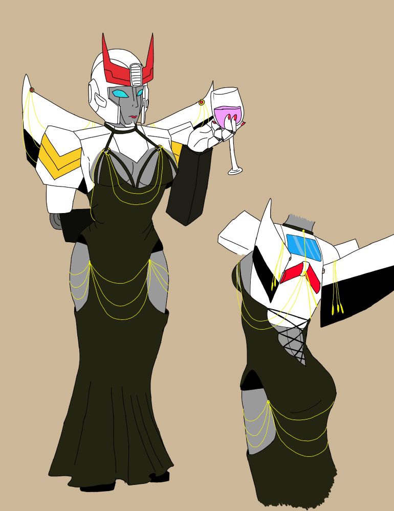 Digital art of Prowl wearing a black dress with hip cutouts and golden chains. He is holding a wine glass of energon in one hand