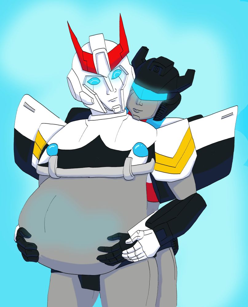 A digital illustration of a heavily pregnant Prowl. Pressed against his back is Jazz, who is reaching around to lift his belly slightly. 