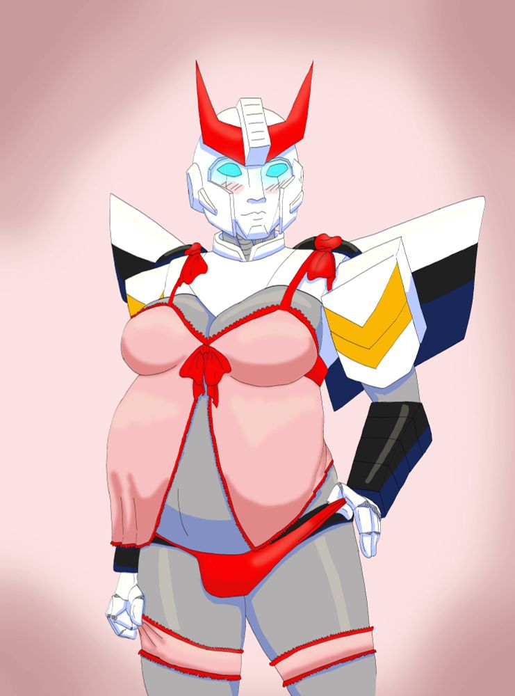 A digital illustration of a pregnant Prowl wearing lacy pink lingerie and blushing as he looks at the viewer