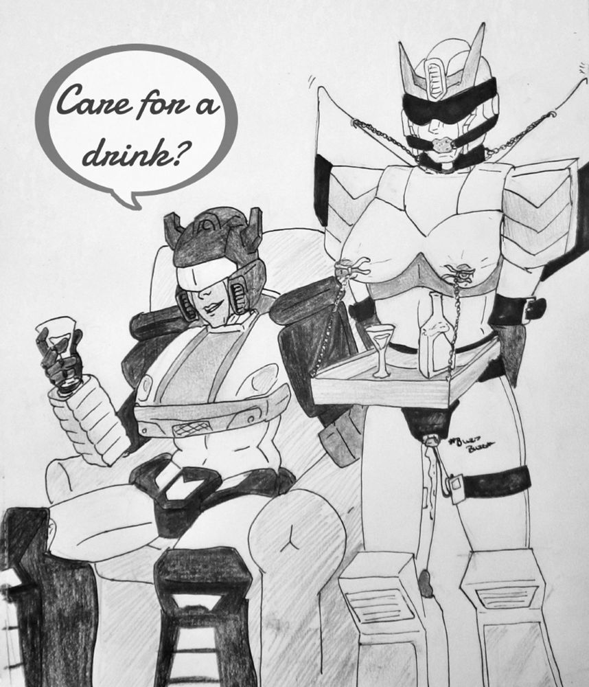 A black and white traditional drawing. Prowl is standing with his arms secured behind his back, a blindfold over his optics and ball gag in his mouth. There is a serving tray around his waist supported by chains on nipple clamps, which holds a glass and bottle. A vibrator is just visible poking out of his valve. Sitting next to him in an armchair is Jazz, holding another glass and asking "Care for a drink?"