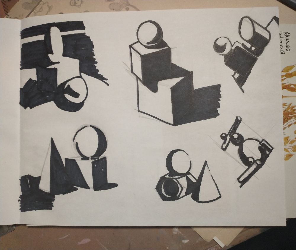 Six studies of simple shapes in a notan study format.