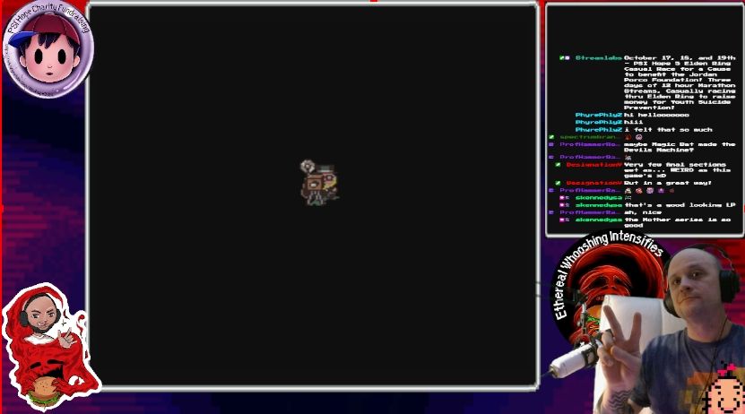 Screengrab of negatron00's stream showing a black screen containing the Earthbound Photo Man, aiming his camera at the viewer.   Negatron00 is throwing a peace sign 