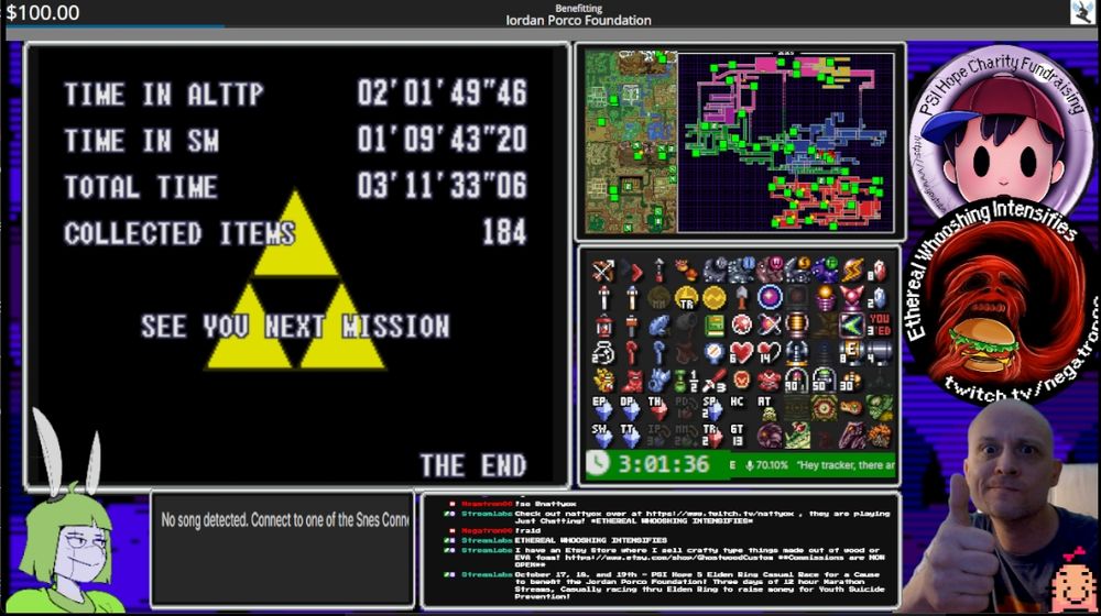 Screenshot of negatron00's stream showing an SMZ3 results screen, tracker timer reads 3 hours 1 minute and 36 seconds.  Item count 184.  Negatron00 is giving a thumbs up