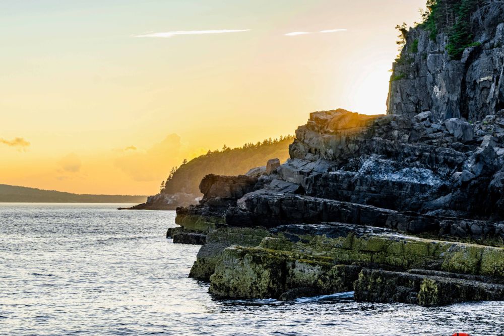 Rocky cliffs along the shore of Mt Desert Narrows. 