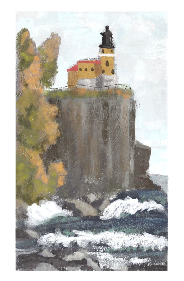A digital painting of a lighthouse at the edge of a cliff. The day is overcast