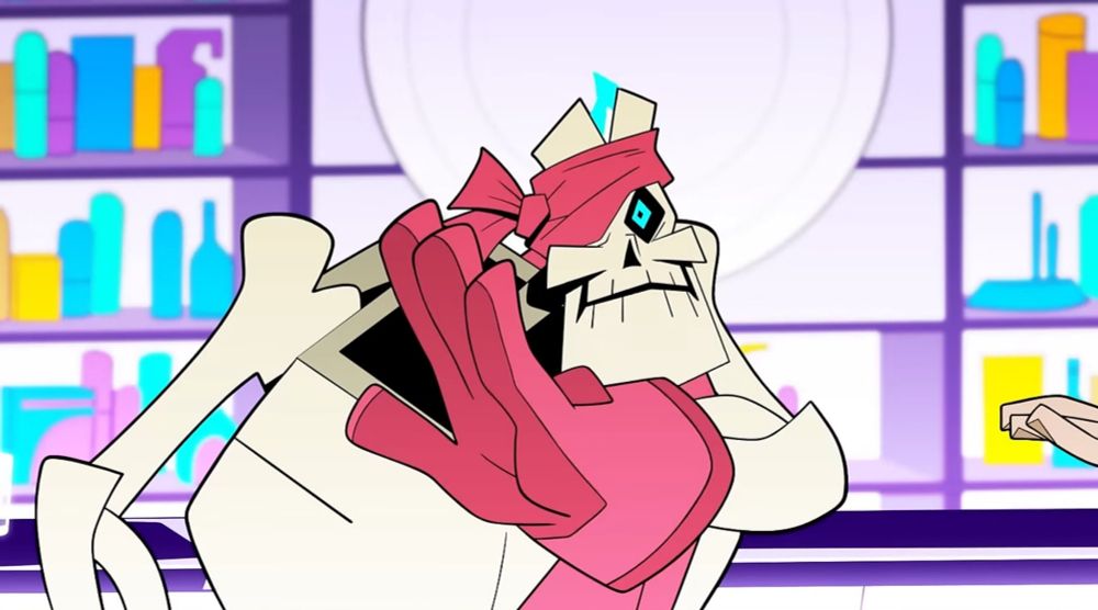 Ricket from the indie animated show monkey wrench, a skeleton with red gloves, bandana, and eyepatch