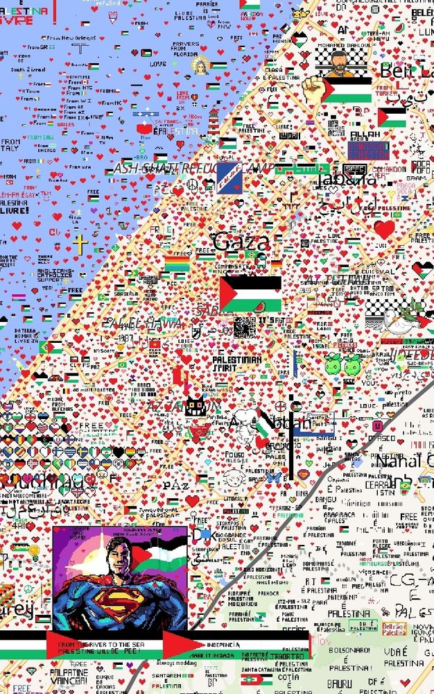 Wplace of Gaza, covered in hearts, flags, and international messages of solidarity 