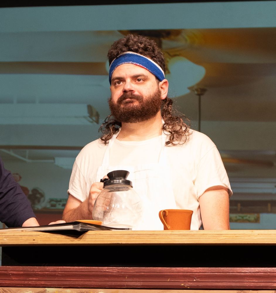 Production photo from a Play I'm doing, leaving Iowa. In this scene I'm Wayne, a mulleted fry cook