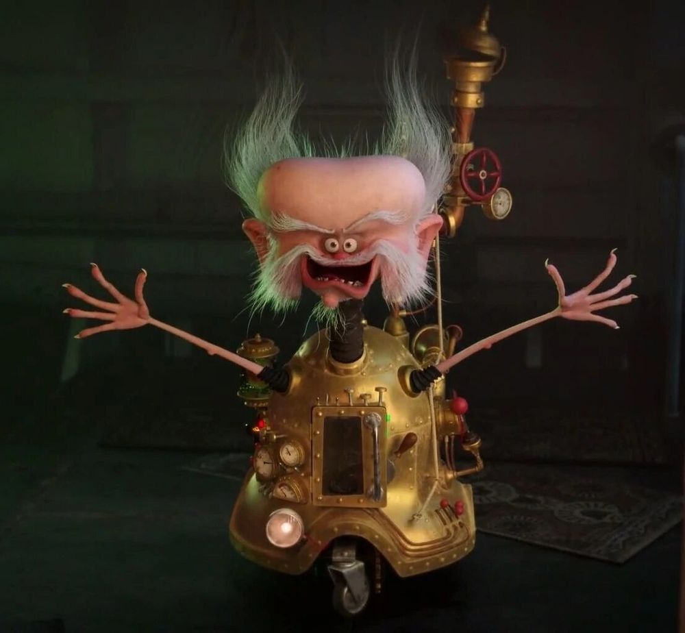Van helsing from the animated hotel transylvania series, an extremely old man who replaced his entire body (sans hands and head) with machinery 