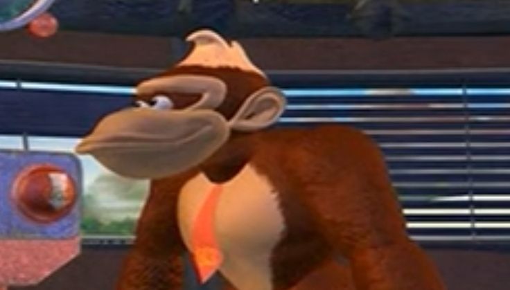 Donkey kong with his hair cut to reveal his grotesquely misshapen skull