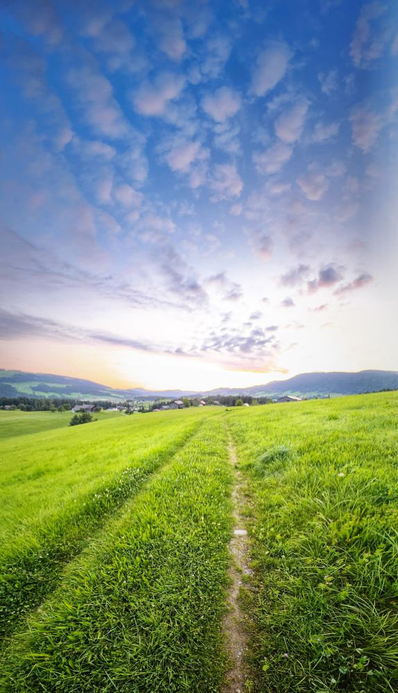 A scenic view of a lush green countryside path leading through a grassy field toward a distant village. The sky above is vibrant with a mix of light blue and purple hues, scattered with fluffy clouds during either sunrise or sunset. Rolling hills and houses are visible in the background.