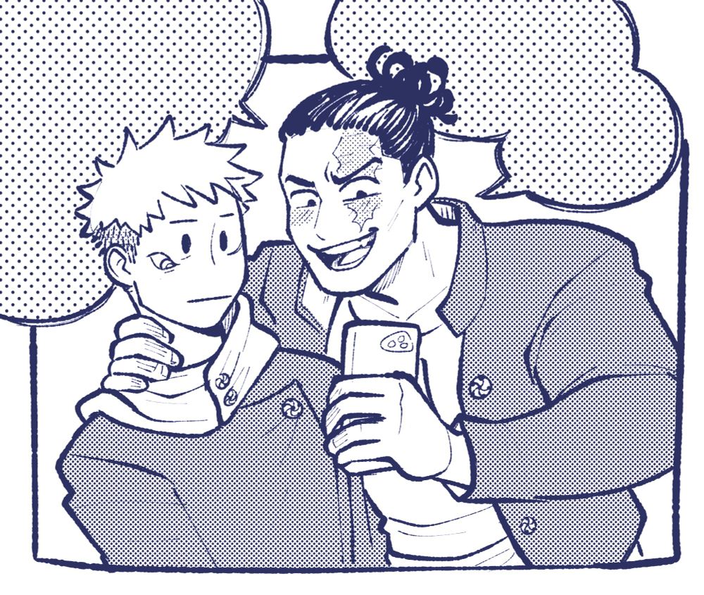 Aoi Todo eagerly shows Yuji Itadori his phone screen, holding him by the back of the neck. Yuji looks past the screen, looking glazed over. Sukuna is deeply invested and takes a peek.