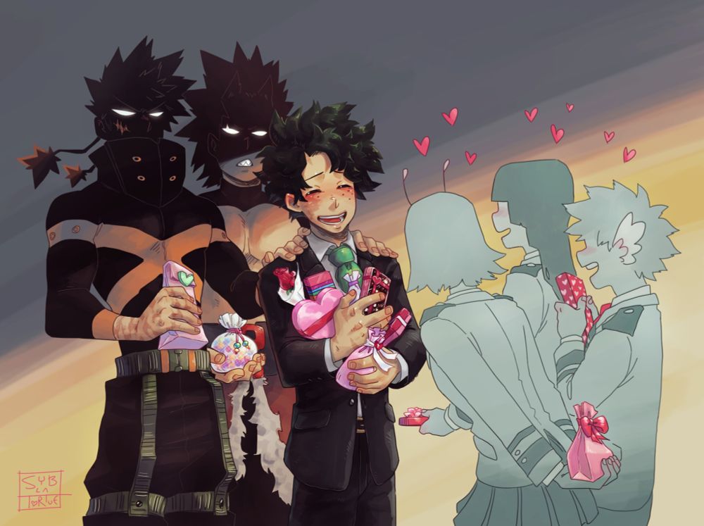 Bakugou and Kirishima are here to pick up their boyfriend for their valentine date but Izuku keeps getting stopped along the way by students who have a crush on their Deku-sensei and who want to shower him with gifts. 
Their attempts to look threatening and scare off the competition are completely ignored by the students.