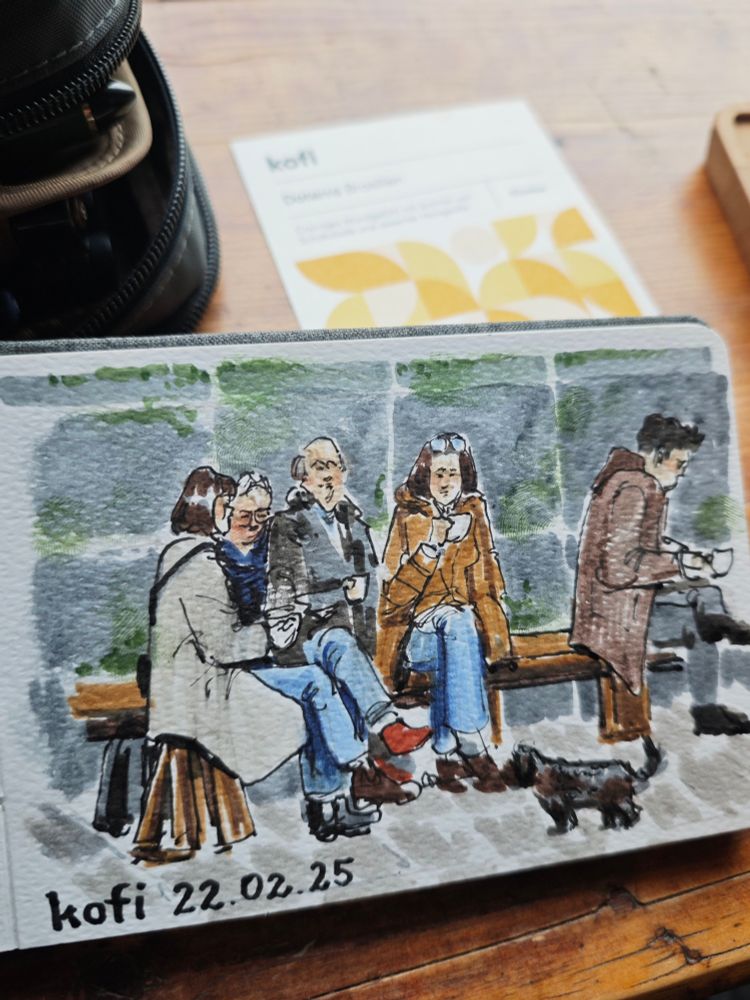 A drawing in ink and color of a group of people with coffee mugs on chairs