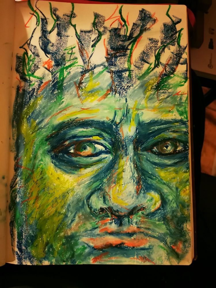 Mis-shapen head doodle with oil pastels 
