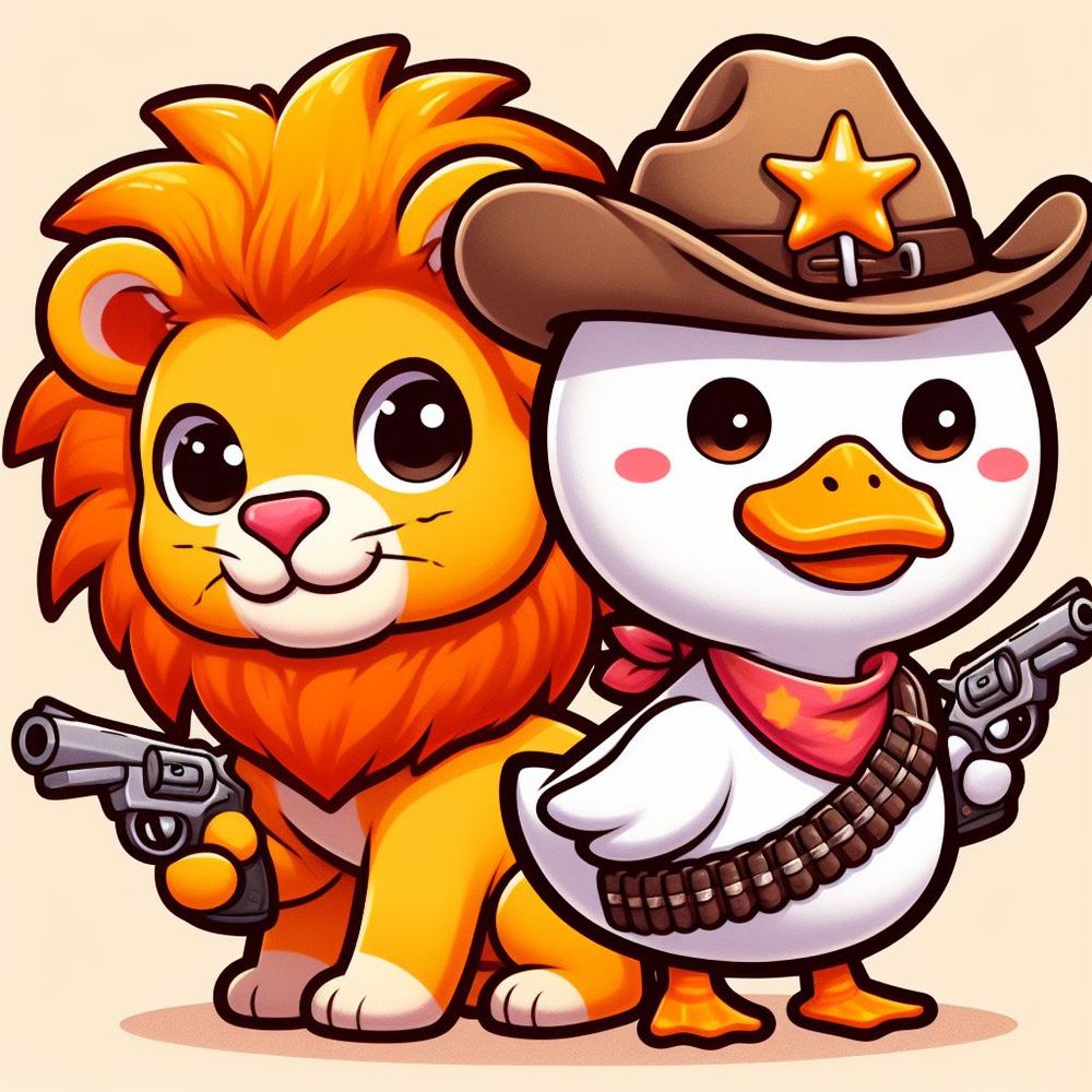 Löwe mit orangener Mähen und Ente mit Waffen und Cowboyhut - bereit fürs Bayou!