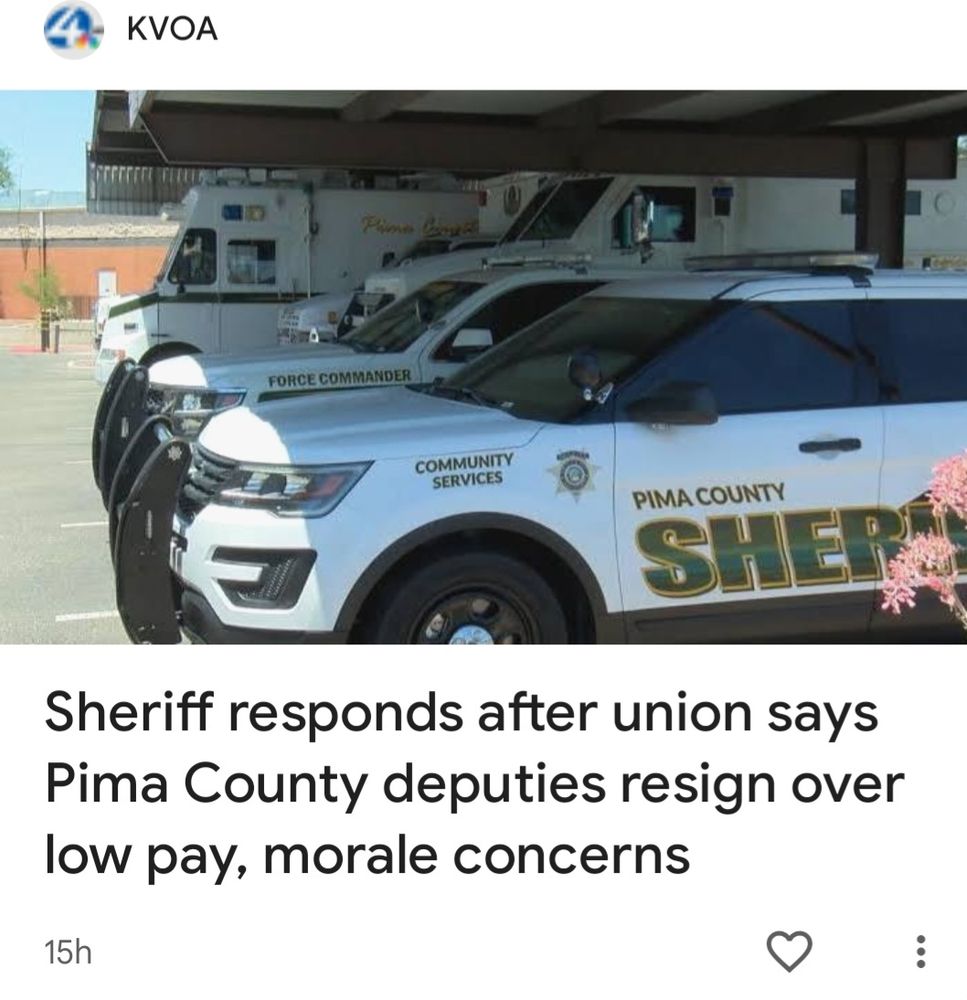 Image of a bunch of Pima County Sherriff's vehicles above a headline: Sheriff responds after union says Pima County deputies resign over low pay, morale concerns.