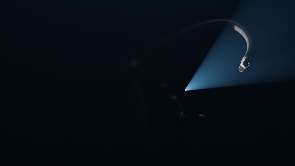 A diver shines a flashlight on a styxosaurus. Art made in blender 