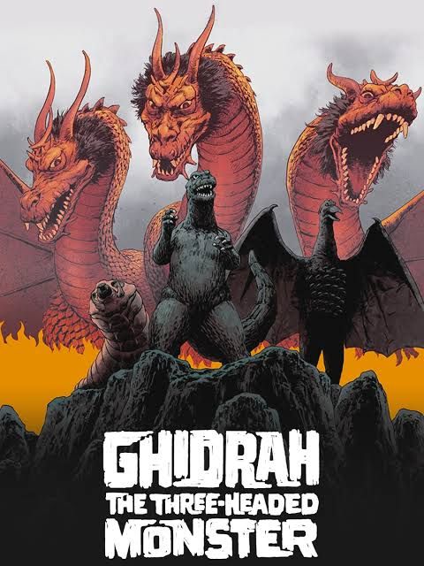 Movie poster for Ghidrah, The Three Headed Monster. Features a red shaded King Ghidrah blown up in the background overshadowing Mothra, Godzilla, & Rodan on a cliff, stylized and cartoonesque
